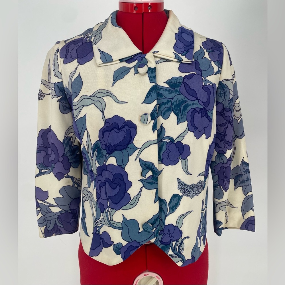 50s/60s Indigo Blue & White Floral Mod Blazer Topper Jacket 3/4 Sleeves